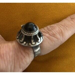 Vintage Sterling Silver Black Onyx Poison Ring Adjustable Fits All